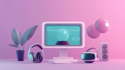 Sticker - A futuristic workspace featuring a computer, headphones, and abstract shapes.