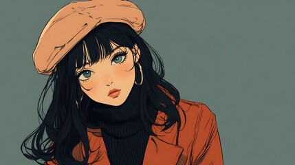 Anime Girl with Long Black Hair, Green Eyes, and a Pink Beret.