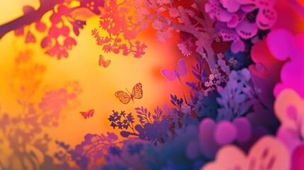 Poster - A vibrant, colorful illustration featuring butterflies and floral elements in a whimsical design.