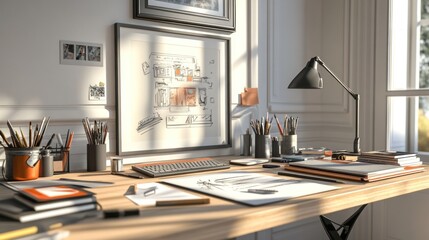 Poster - A well-organized workspace with design tools and sketches, highlighting creativity and productivity.