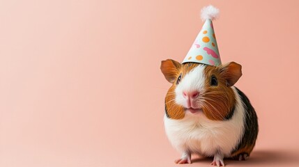 Poster - A cheerful guinea pig wearing a festive party hat against a pastel background.