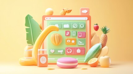 Poster - A colorful 3D display of playful icons and fruits, representing a vibrant digital interface.