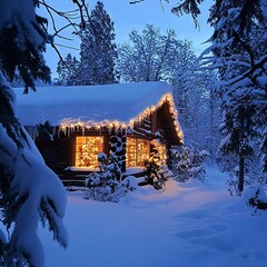 Wall Mural - A cozy cabin in the woods with a Christmas tree and lights on the roof. The snow is piled up around the house, creating a warm and inviting atmosphere