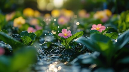 Wall Mural - Pink Flowers in a Watery Meadow