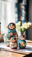 Wall Mural - Matryoshka Russian nesting dolls traditional wooden folk art vintage floral handcrafted cozy decorative sentimental home decor collectible artisan heirloom