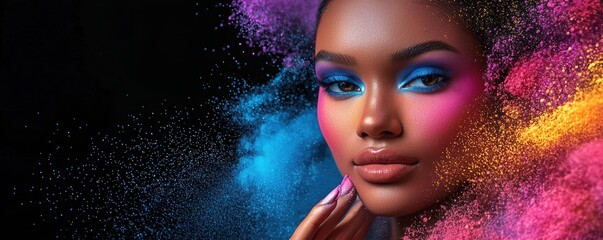 Portrait of a beautiful woman with vibrant, colorful makeup surrounded by a dynamic cloud of powder, showcasing artistic expression and creativity.