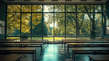 Sticker - A classroom with rows of desks facing large windows showcasing a vibrant outdoor scene.