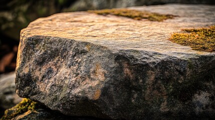 Poster - A close-up of a textured rock surface with moss, illuminated by soft natural light.