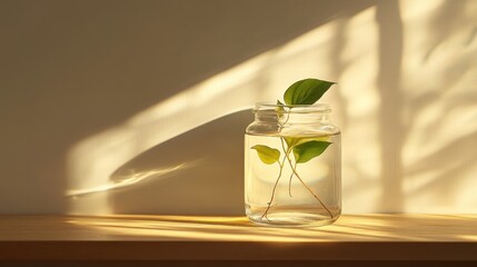 Wall Mural - A glass jar with water and green leaves, casting shadows in soft light.