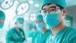 © Sumet - Focused young surgeon in scrubs and mask, preparing for operation in a modern medical environment with colleagues in background.