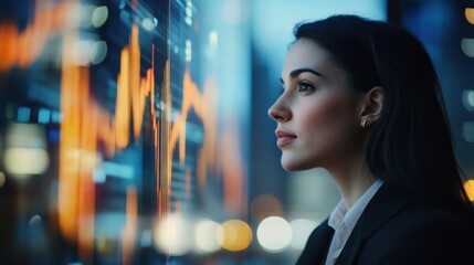 Poster - A professional woman analyzes financial data displayed on a digital screen.