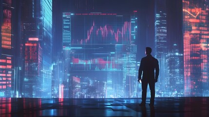 Futuristic holographic financial analysis dashboard with virtual charts and graphs for savvy business investors navigating a tech forward cityscape backdrop