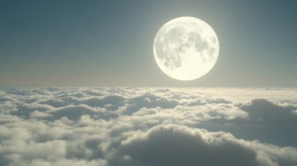 Wall Mural - A stunning moon in the sky, gliding over endless clouds with its light shining brightly. This seamless 3D animation features the moon's glow extending over the horizon in a continuous loop
