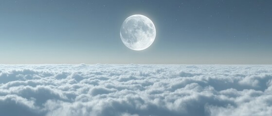 Wall Mural - A stunning moon in the sky, gliding over endless clouds with its light shining brightly. This seamless 3D animation features the moon's glow extending over the horizon in a continuous loop