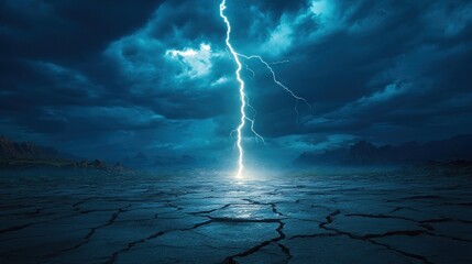 Canvas Print - A dramatic landscape featuring a lightning strike illuminating a dark, cloudy sky over cracked earth.