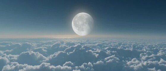 Wall Mural - A stunning moon in the sky, gliding over endless clouds with its light shining brightly. This seamless 3D animation features the moon's glow extending over the horizon in a continuous loop