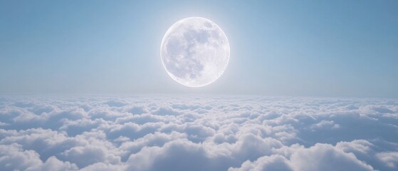 Wall Mural - A stunning moon in the sky, gliding over endless clouds with its light shining brightly. This seamless 3D animation features the moon's glow extending over the horizon in a continuous loop