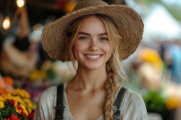 Canvas Print - Smiling Woman In A Straw Hat