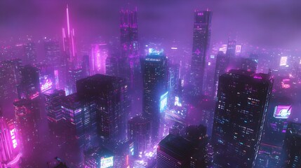 Wall Mural - Captivating Cyberpunk Inspired Cityscape with Glowing Neon Lights and Towering Skyscrapers Under the Night Sky  Vibrant and Dynamic Urban Atmosphere Retrofuturistic Aesthetic Cinematic Visual