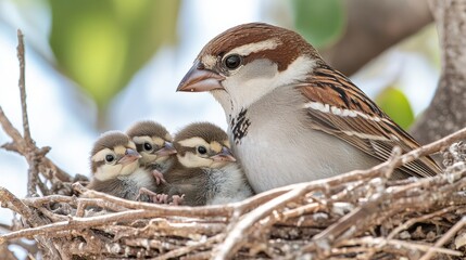 Poster - A sparrow with its three chicks in a nest, showcasing nurturing and family bonds in nature.