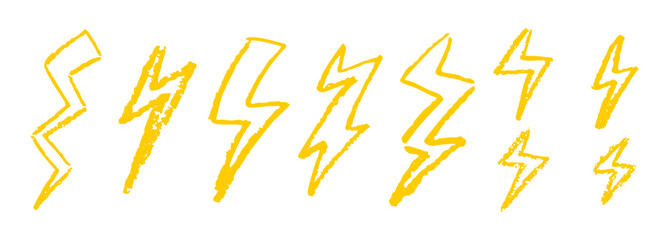 Wall Mural - set of lightning by wax pencil drawing. collection of handdrawing chalk , light flash signs, doodle 