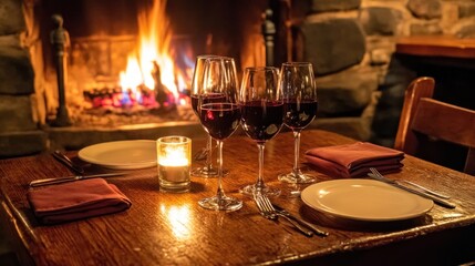 Canvas Print - A cozy dinner setting with wine glasses, plates, and a warm fireplace ambiance.