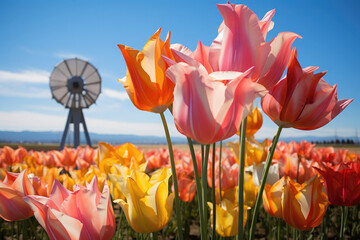 Vibrant tulips blooming in a sunny field with a windmill in the background, creating a beautiful spring scene