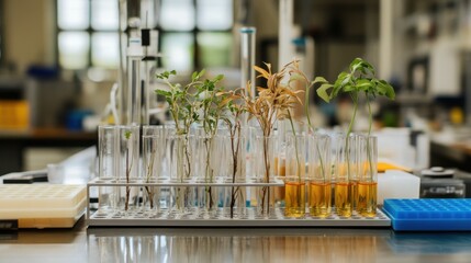 Canvas Print - Laboratory setup with test tubes containing plants and liquids for scientific research.