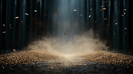 A trail of gold dust leading into a dark, mysterious forest, gold dust trail, fantasy adventure