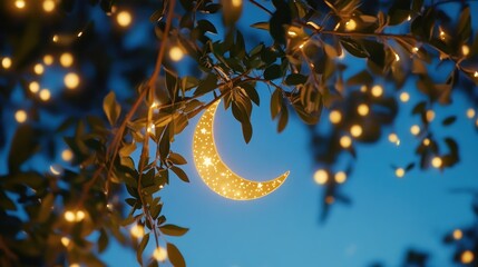 Poster - A crescent moon surrounded by glowing lights and leaves against a blue sky.