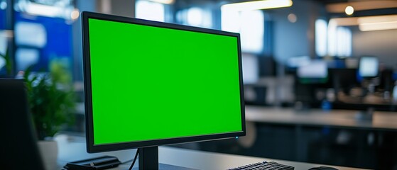 A detailed view of a green screen on a computer in a vacant business office, showcasing a chroma key background on the monitor for an isolated template, offering a blank mock-up space with no one 