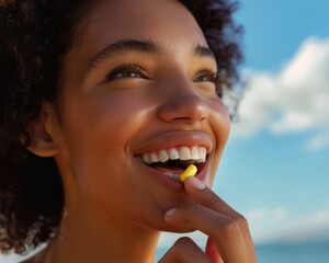 Smiling young woman holding a yellow pill against a bright blue sky backdrop with fluffy clouds