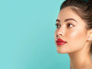 Portrait of a woman with flawless skin and bold red lips, showcasing beauty against a vibrant turquoise background.