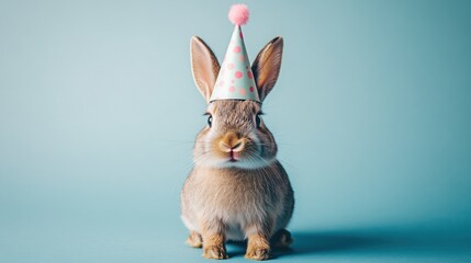 Canvas Print - A cute rabbit wearing a festive party hat against a blue background.