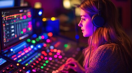 Wall Mural - A woman wearing headphones interacts with a colorful audio mixing console.