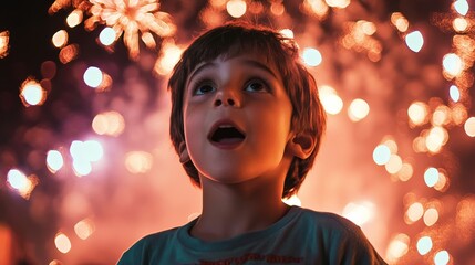 astonished brazilian boy watching colorful fireworks display in awe at night