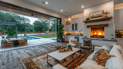 Beautiful open plan living room with white kitchen