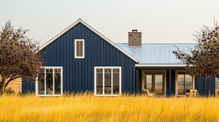 Sleek modern farmhouse home with vertical midnight blue paneling, white trim, on golden yellow grass and encased by plum trees, contrasting rural charm with elegance