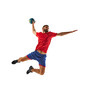 © master1305 - Focused and competitive young man, handball player in motion with ball during intense game, throwing all isolated on white background. Concept of sport, active and healthy lifestyle, hobby