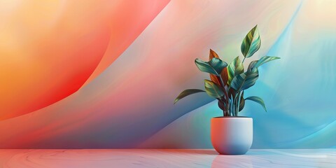 A lush green indoor plant in a white pot placed on a wooden surface with a vibrant, colorful abstract background.