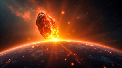 Glowing asteroid on fatal approach towards Earth, fiery tail through atmosphere, potential extinction event looming, dramatic celestial body encounter on starry night sky background