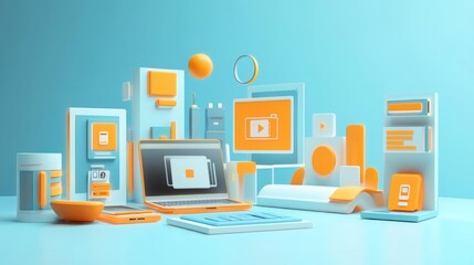 A vibrant arrangement of digital devices and media elements in a playful design.