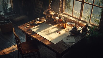 Poster - A cozy workspace with a wooden table, maps, and stationery, illuminated by sunlight.