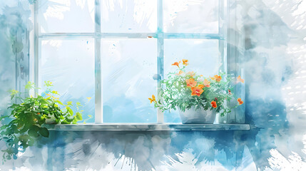 Window Box Furniture Watercolor Background