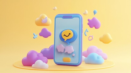 Wall Mural - A colorful smartphone with chat bubbles surrounded by playful clouds.