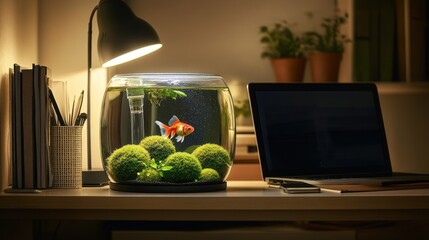 Poster - A cozy workspace featuring a goldfish in a bowl, surrounded by greenery and a laptop.