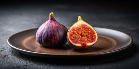 Whole ripe fresh fig on a black plate, fig, ripe, fresh, fruit, food, healthy, sweet, snack, organic, natural, black plate