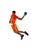 © master1305 - Powerful determined man, handball athlete in orange uniform in motion during game, throwing ball isolated on white background. Concept of sport, active and healthy lifestyle, hobby