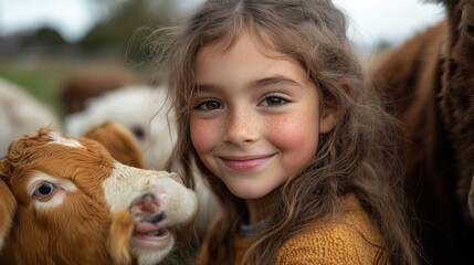 Wall Mural - Young Girl Smiling with a Calf