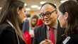 © BerkahStock - Two women engage in conversation with a man at a professional networking event.